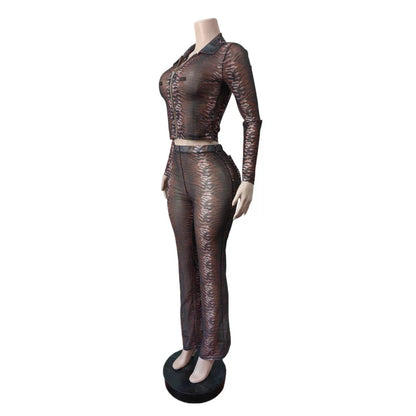 FAGADOER Y2K Fashion Tiger Striped Print Pants 2 Piece Sets Cool Girl Street Zipper Lapel Long Sleeves Top + Flare Pants Outfits