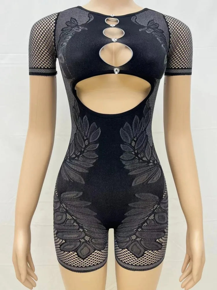 Sexy Club Women Hollow Out Style Rompers Playsuits Bodysuit Short Sleeve Streetwear Overalls Top Suit Summer Autumn Jumpsuit