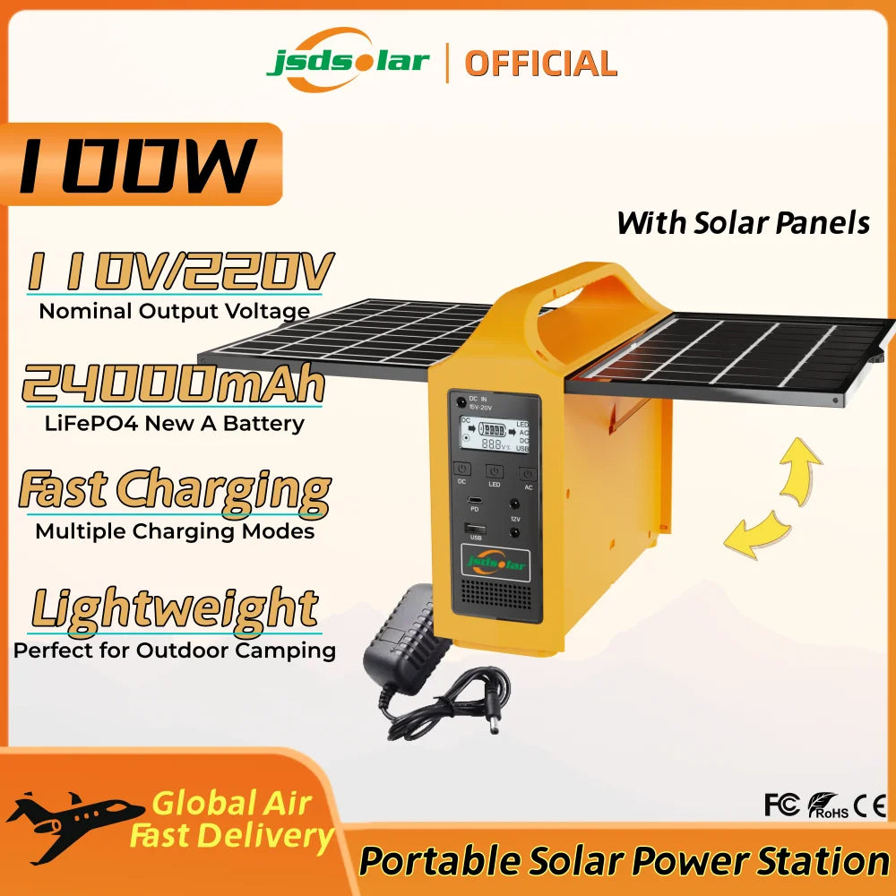 jsdsolar 100W Portable Solar Power Station Generator Output AC 220V 110V LiFePO4 Power Bank UPS Power Plant For Outdoor Camping