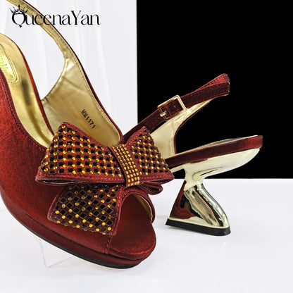 Queena Yan Sky Blue Color Peep Toe High Women Heels Shoes and Bags for Women Rhinestone Evening Party Elegant Luxury Handbag