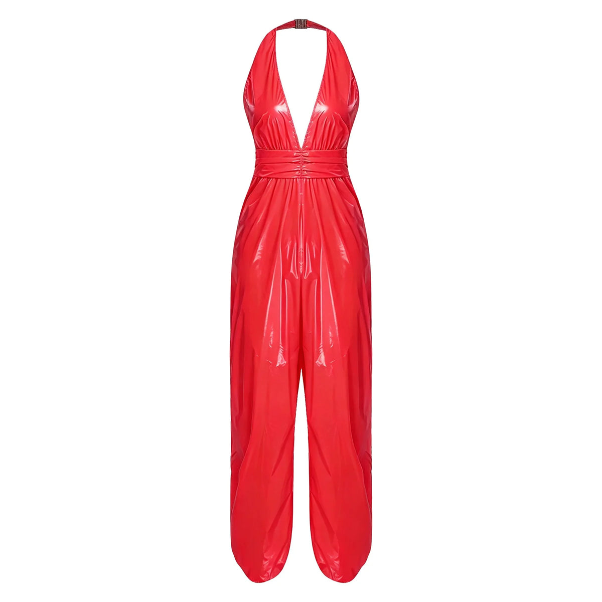 Womens Glossy Water Resistant Rompers Jumpsuit Halter Backless Ruched Waist Back Invisible Zipper Side Split Bodysuit Clubwear