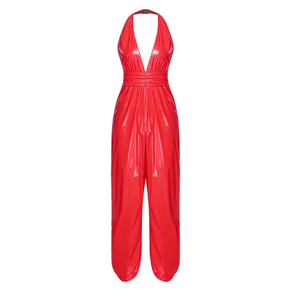 Womens Glossy Water Resistant Rompers Jumpsuit Halter Backless Ruched Waist Back Invisible Zipper Side Split Bodysuit Clubwear