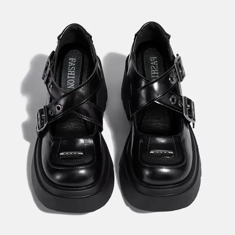 Mary Jane Shoes 2026 New Punk Metal Block Heel Platform Women's Shallow Mouth Buckle Single Shoes