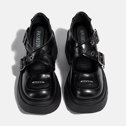 Mary Jane Shoes 2026 New Punk Metal Block Heel Platform Women's Shallow Mouth Buckle Single Shoes