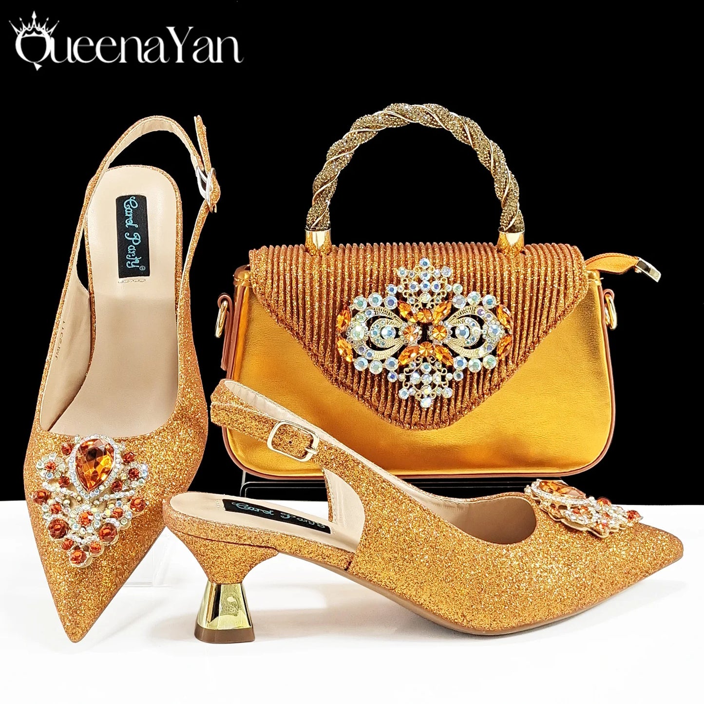 QSGFC Hot Selling INS Pointed-Toe Luxury Style Women High Heels Sandal With Bag Set Orange color Color For Wedding Party