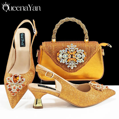 QSGFC Hot Selling INS Pointed-Toe Luxury Style Women High Heels Sandal With Bag Set Orange color Color For Wedding Party