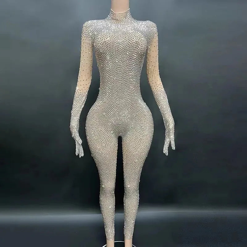 2025 Sexy Full Sparkly Rhinestone Jumpsuit for Women Bodycon Luxury Costume Party Club Bright Stage Singer Performance Jumpsuits