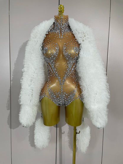 Sexy Stage Sparkly Rhinestone Mesh See Through Crystal Bodysuits Women Luxury Birthday Dancer Nightclub Bar Performance Outfit