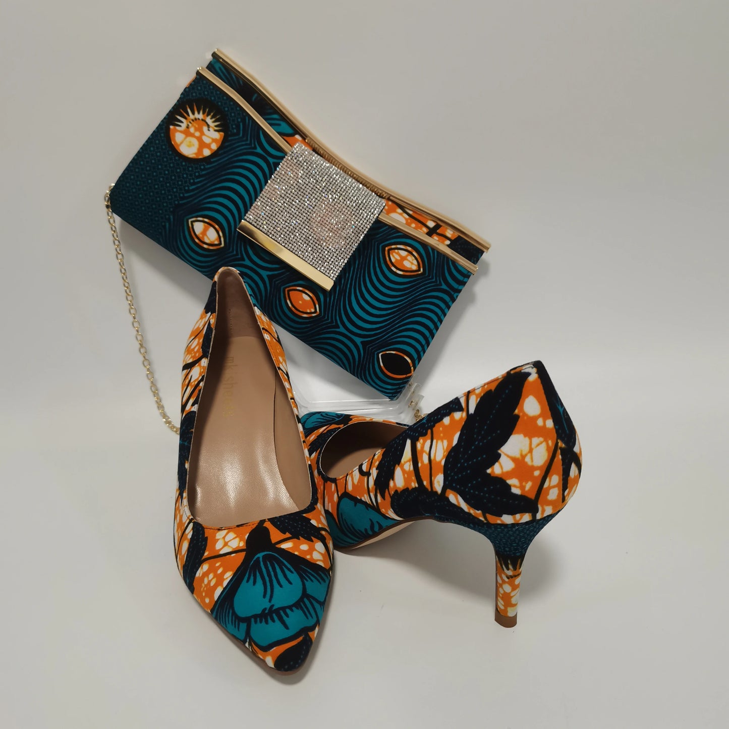 African Women Block Heels Shoes With Match Purse Bag Ankara Material Nigeria Design Pointed Toe Shoes and Bags Set High Quality