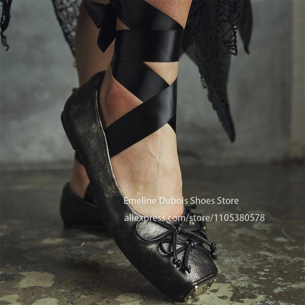 Metallic Square Toe Ankle Wrap Bow Ballet Flats PU Leather Lace up Gothic Street Club Party Plus Size Casual Shoes for Women