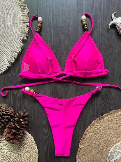 Sexy Brown Bikini Set 2026 Women Pearls Strap Hole Out Push Up Bra Thong Swimsuit Brazilian Beach Bathing Suit Micro Swimwear
