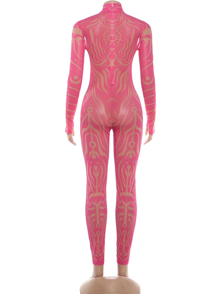 Weird Puss Sexy Striped Print Jumpsuits Women Wild Style Turtleneck Full Sleeve Midnight Party Club Stretch Streetwear Overalls