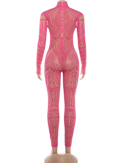 Weird Puss Sexy Striped Print Jumpsuits Women Wild Style Turtleneck Full Sleeve Midnight Party Club Stretch Streetwear Overalls