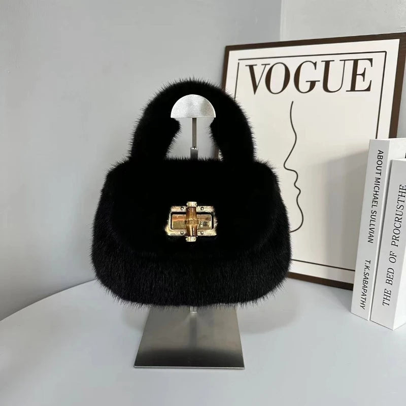 Fur Women's Mink Fur Bag Luxury Warm Plush Wrist Bags  Women Fashion Furry Short Handle Clutch Cute Ladies Fur Bags For Women