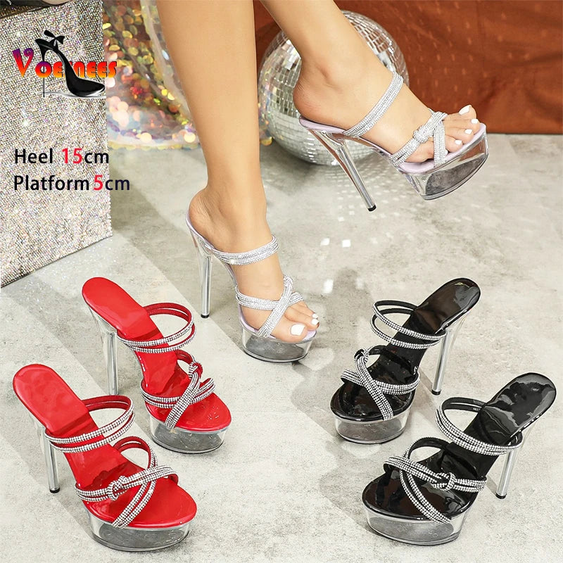 Water Diamond Slippers Sandals For Women 2024 Summer New Transparent Thin Heel Nightclub Party Luxury Rhinestone Slip-on Shoes