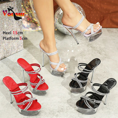 Water Diamond Slippers Sandals For Women 2024 Summer New Transparent Thin Heel Nightclub Party Luxury Rhinestone Slip-on Shoes