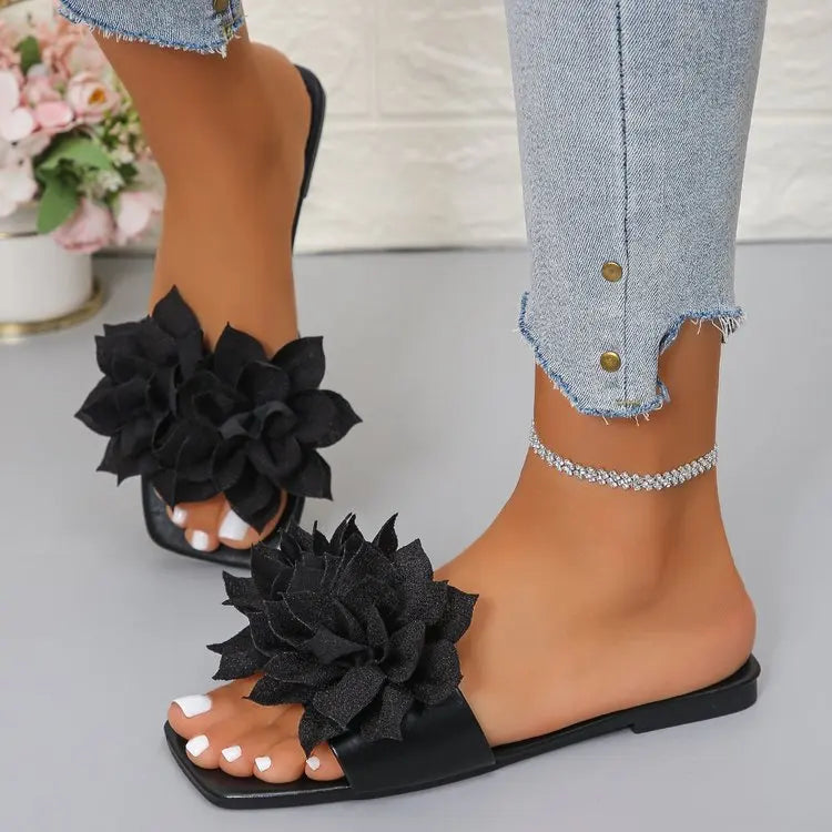 Women Flat Slippers 2026 Summer New Solid Color Sandals Flowers Open Toes Slippers Casual Fashionable Beach Shoes Slides Women