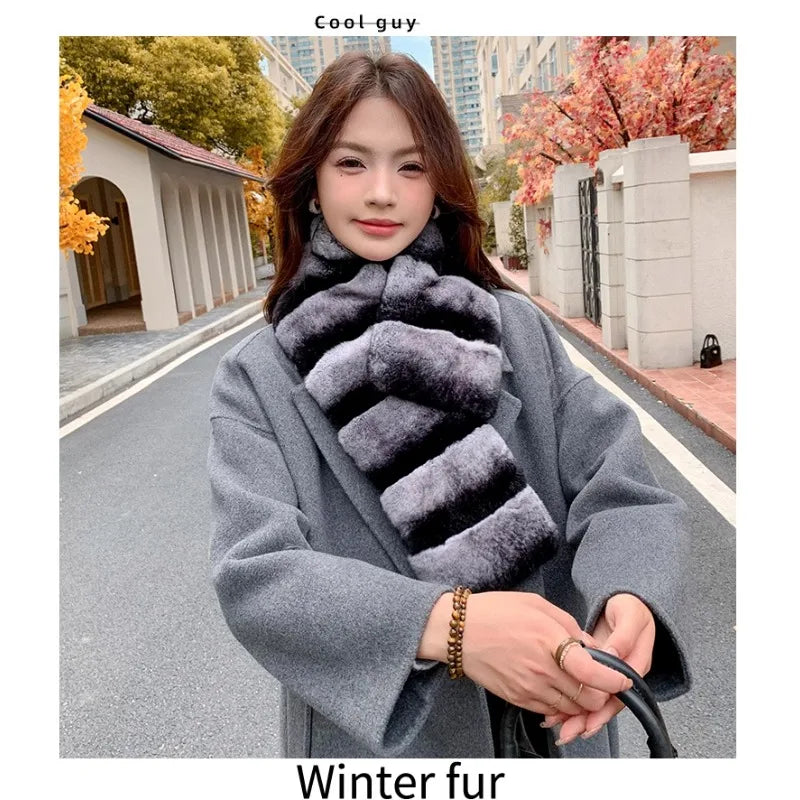 Winter new Rex rabbit hair scarf lazy casual versatile real plush warm fur scarf imitation chinchilla color women