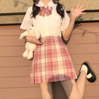 New Japanese School Uniform Korean Student Jk Seifuku Blouse Pleated Skirt Tie Full Set Girl Plaid Skirt Pink Uniforms For Woman
