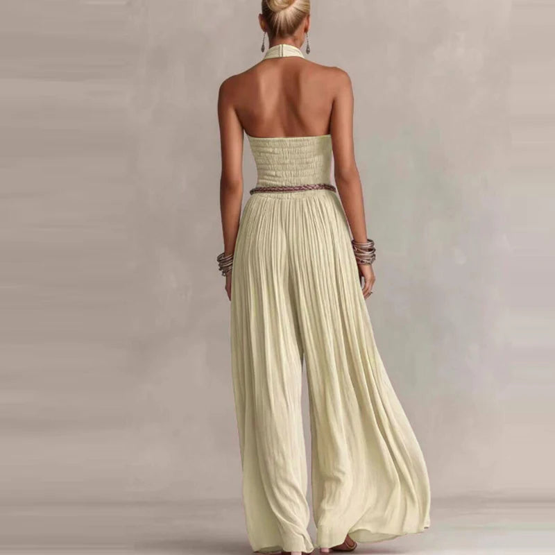 Elegant High Waist Pocket Wide Leg Playsuits Fashion Off Shoulder Halter Jumpsuits Summer New Sleeveless Hollow Out Pure Rompers