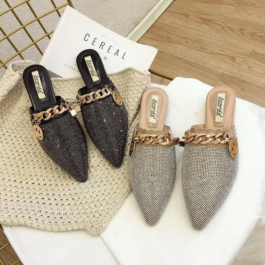 2025 New Summer Shoes for Women Luxury Slipper Girl Bling Crystal Chain Casual Flat Sandals Girl Pointed Toe Slides