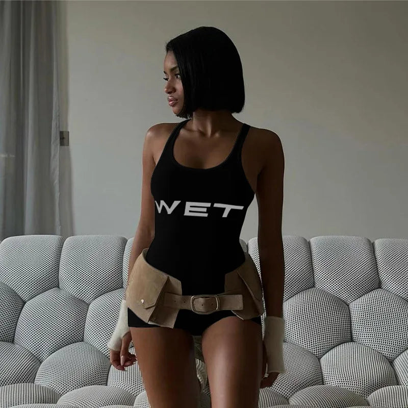 New 2025Summer Women Sexy Sport Romper Subtranslucent Slim Playsuits Letter Printed White Women'S Raceback Sleeveless