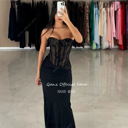 Qanz Black Chic Lace prom Dress Mermaid Sweetheart Formal Evening Gowns Backless Women Sleeveless Robes De Soirée Customized