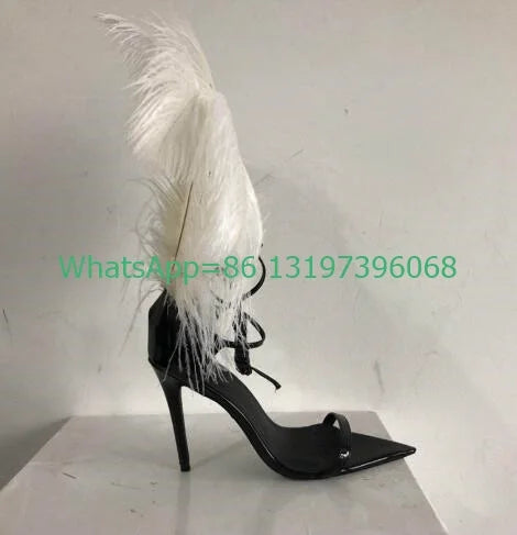 Lady fur sexy black feather design lace up high heels open toe T show sandals solid elegant pumps banquet footwear party shoes