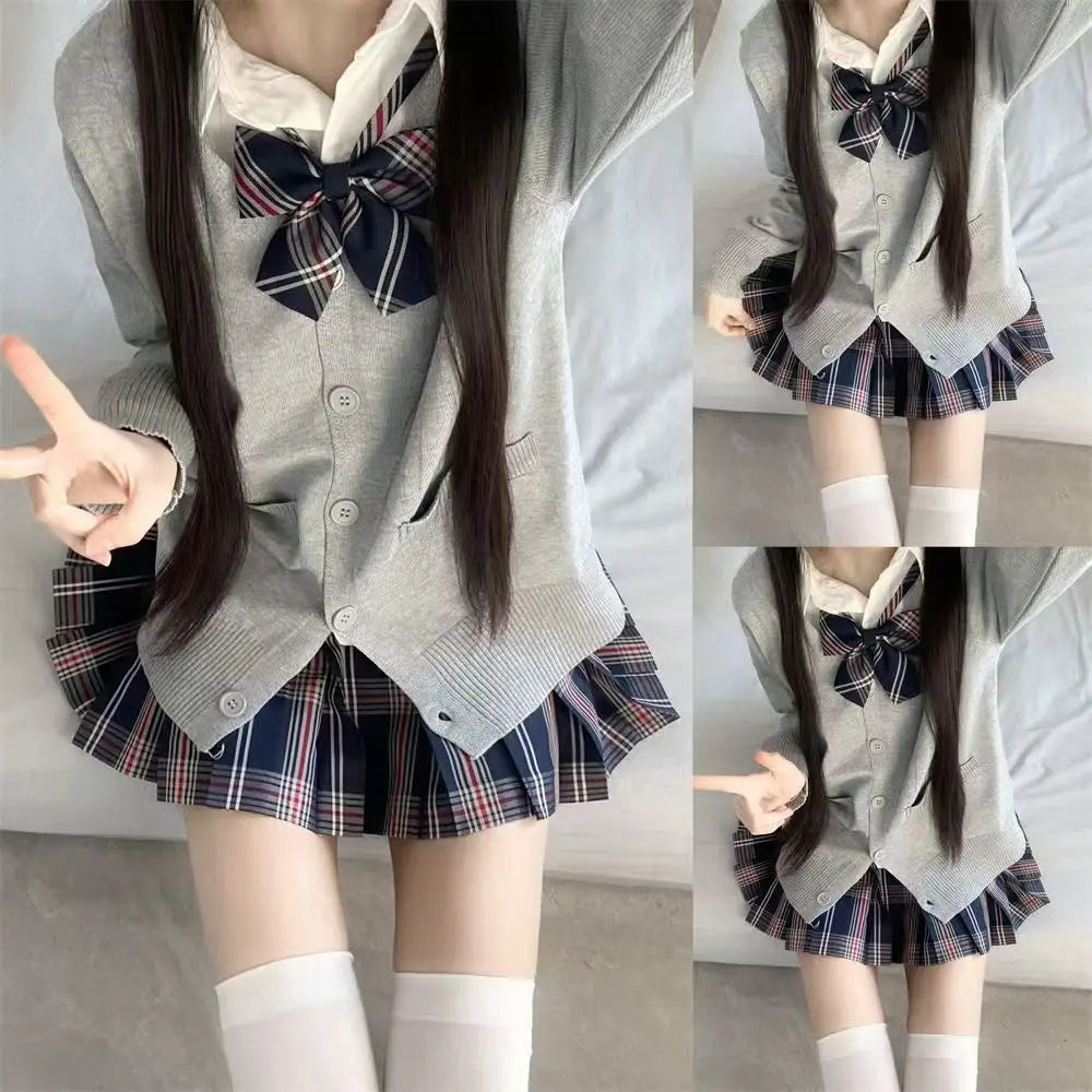 3Pc Set Japanese Korean School Uniforms Multicolor Sweater&Plaid Pleat Skirt with Bow Jk Uniform Suit Graduation Costumes Women