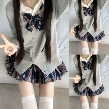 3Pc Set Japanese Korean School Uniforms Multicolor Sweater&Plaid Pleat Skirt with Bow Jk Uniform Suit Graduation Costumes Women