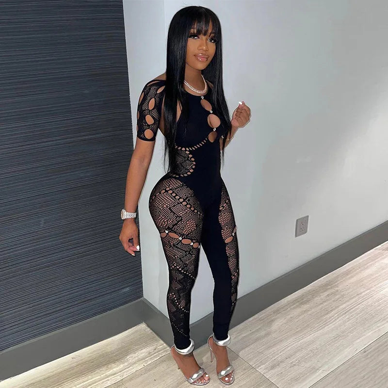 Jacquard See Through Hollow Out Skinny Jumpsuits Women Sexy Halter Short Sleeve Peach Hips Slim Night Club Rompers Lingerie