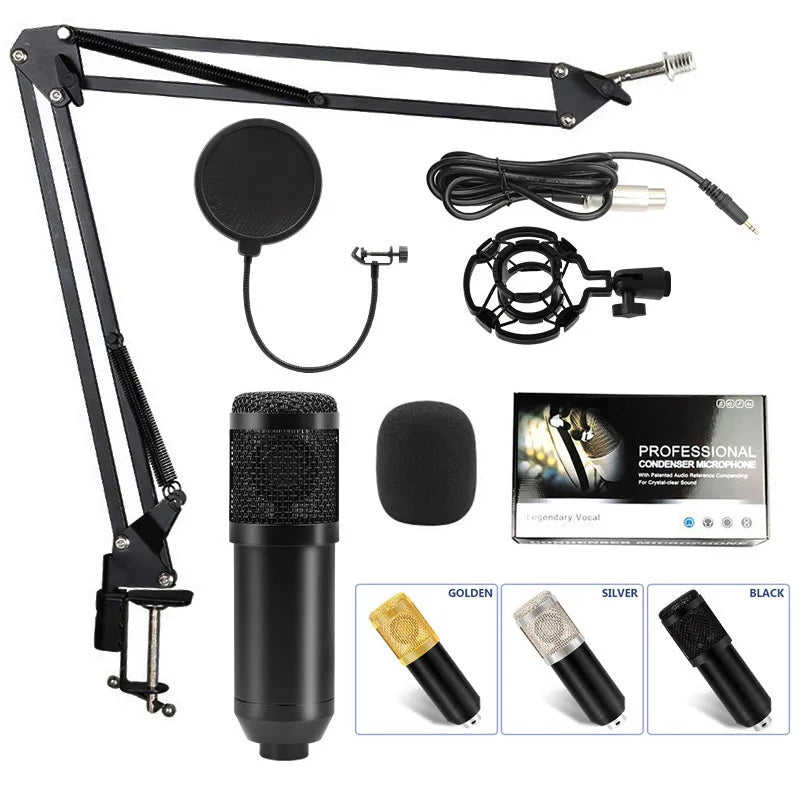 BM800 Condenser Alloy Microphone Kit Professional Sound Card Arm Bracket Set V8 Studio Mixer Live Soundcard Singing Record Mic