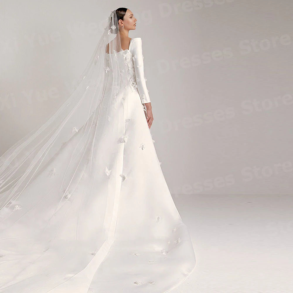 Luxurious A Line Women's Wedding Dresses Long Sleeve Vestidos De Novia Bride Gowns Customized Square Neck Flowers Vestidos Boda