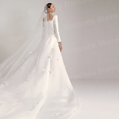 Luxurious A Line Women's Wedding Dresses Long Sleeve Vestidos De Novia Bride Gowns Customized Square Neck Flowers Vestidos Boda