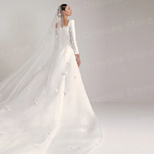 Luxurious A Line Women's Wedding Dresses Long Sleeve Vestidos De Novia Bride Gowns Customized Square Neck Flowers Vestidos Boda