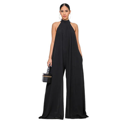 2026 New Women's Solid Chiffion Loose Halter Jumpsuits Sexy Backless Wide Leg Pants Rompers Fashion Party Elegant Women Clothing