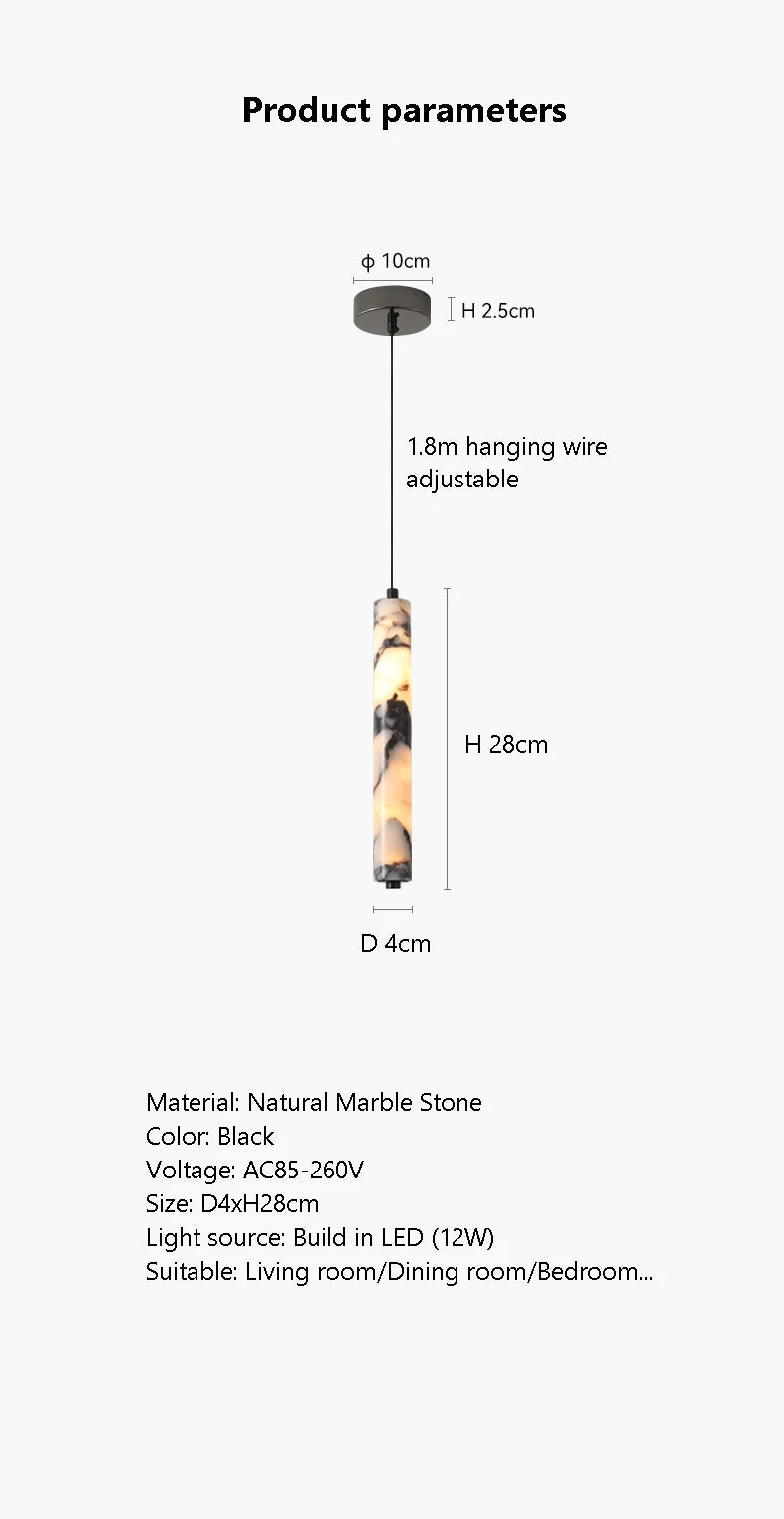 Luxury Black Cylinder Natural Stone Pendant Lamp High-end Bedside LED Chandelier Living Room Decoration Home Hanging Lights