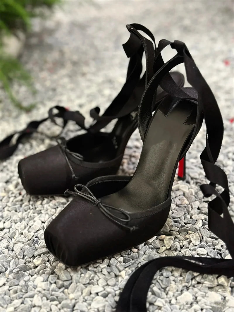Luxury Design Woman Sandals 2025 Summer High Quality Square Satin High-heeled Female Shoes With Ankle Straps Wedding Flip Flops