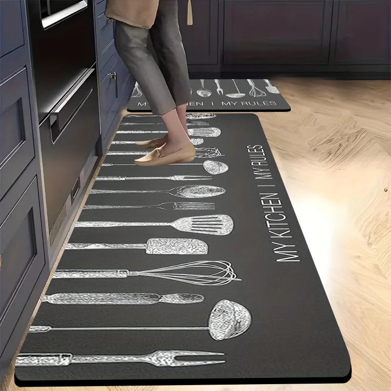 "My Kitchen My Rules" Kitchen Utensil Print Mat, Non-Slip Soft Absorbent Long Floor Rug for Cooking Lovers Home Decor