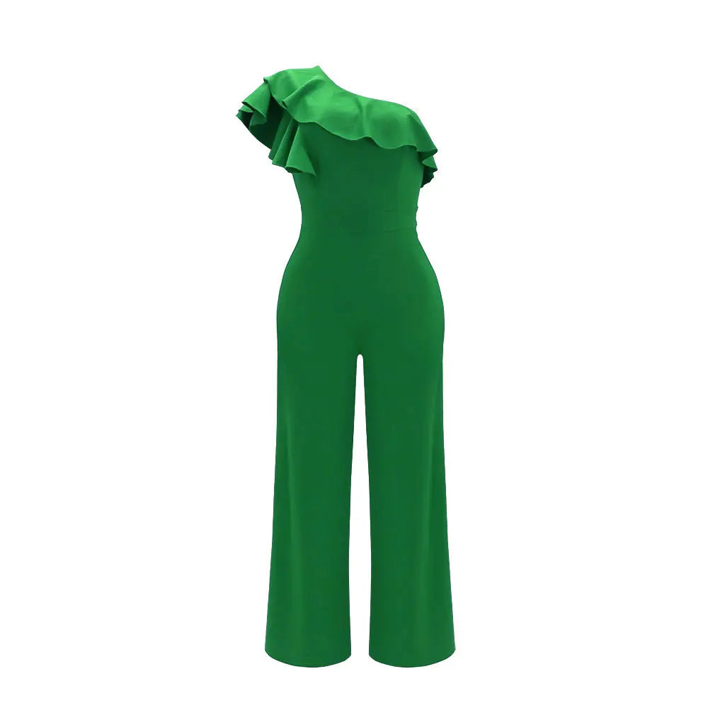 Casual Women's Solid Color Jumpsuits Summer Oblique Collar Black Ears High Waist Wide-leg Pants Fashionable Summer Jumpsuits