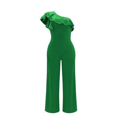 Casual Women's Solid Color Jumpsuits Summer Oblique Collar Black Ears High Waist Wide-leg Pants Fashionable Summer Jumpsuits