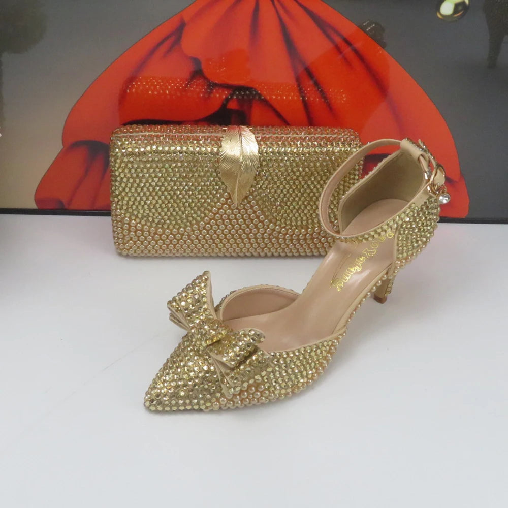 Champagne Golden Pearl Bridal Wedding shoes with matching bags woman Open Toe party dress shoes Platform shoes and bag