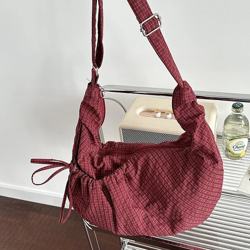 Retro Plaid Hobos Messenger Bags for Women Drawstring Pocket Nylon Dumpling Bag Large Capacity Portable Travel Shoulder Bags