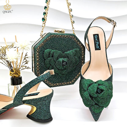 Italian Design Evening Shoes And Bag Paired With Handmade Petal Clutches Pointed Toe Mid-Heel Shoes For Women Party Shoes