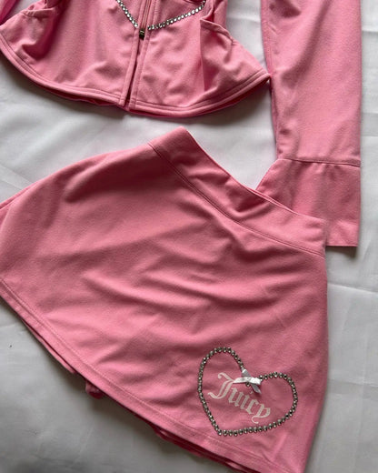 Y2K Pink High Waist Mini Skirt with Rhinestone Heart Juicy Logo Bow Soft Velour A-line Preppy Kawaii Streetwear for Women