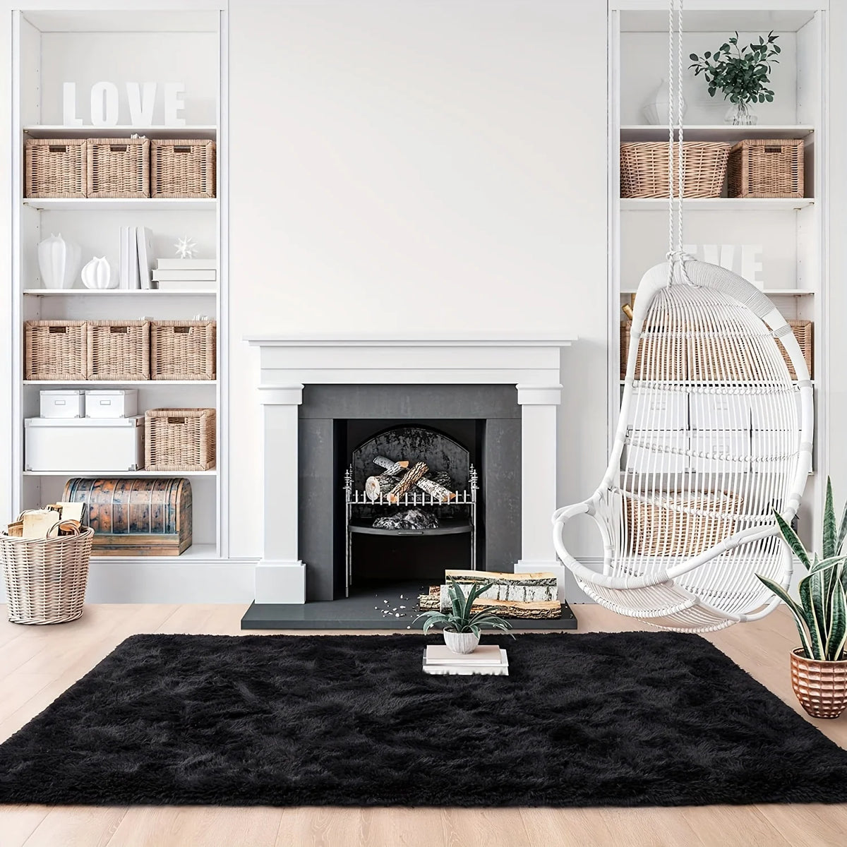 Fluffy Large Carpet for Living Room Black Non-Slip Machine Washable Plush Area Rugs for Bedroom Soft Thick Floor Mats