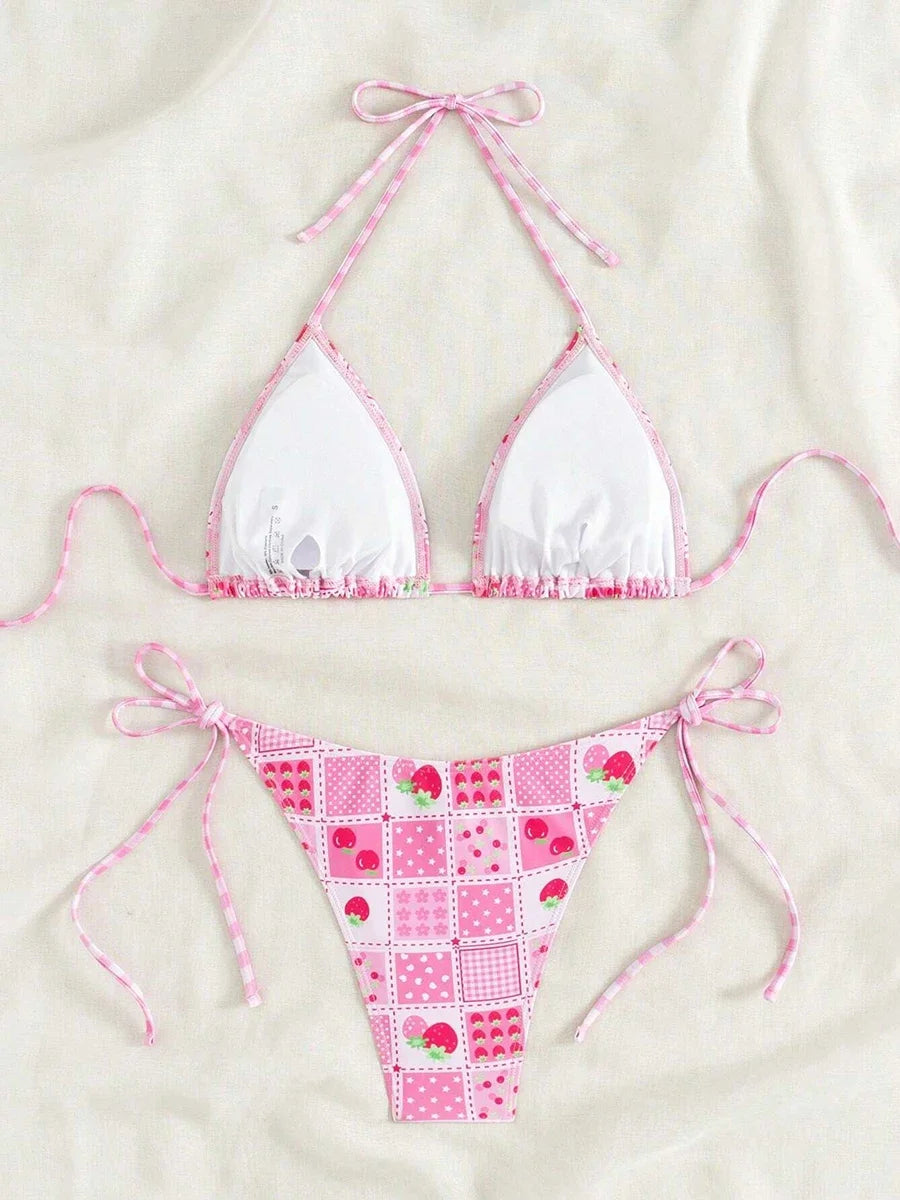 Swimsuit 2026 Female Micro Bikini Women Swimwear Summer Beachwear Women's Bathing Suit Floral Print Neck Halter Thong Bikini Set