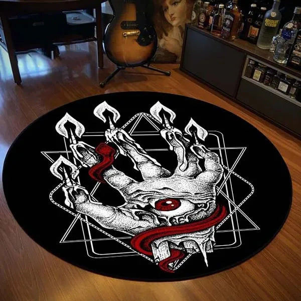 Gothic Satanic Cat & Goat Round Area Rug, Dark Aesthetic Throne Pattern Floor Mat Non-Slip Washable Circle Carpet for Home Decor