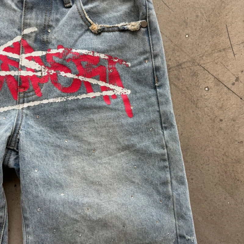 Y2K Graffiti Jorts Rhinestone Distressed Printed Denim Shorts Men Women Trend Retro Hip Hop Streetwear Unisex Baggy Short Pants