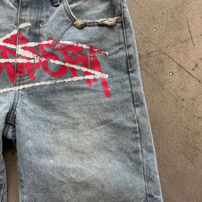 Y2K Graffiti Jorts Rhinestone Distressed Printed Denim Shorts Men Women Trend Retro Hip Hop Streetwear Unisex Baggy Short Pants